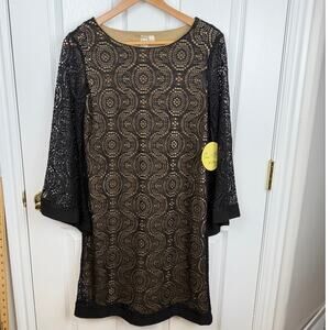 Emma & Michelle Black Lace Shift Dress Nude Lining Bell Sleeves M Quiet Luxury